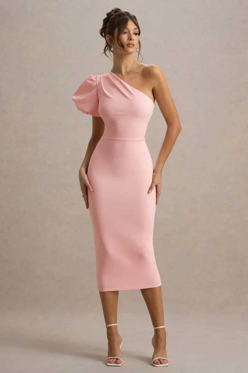 Aimee | Vestido Midi Rosa Asimétrico de Manga Abullonada - Imagen 7