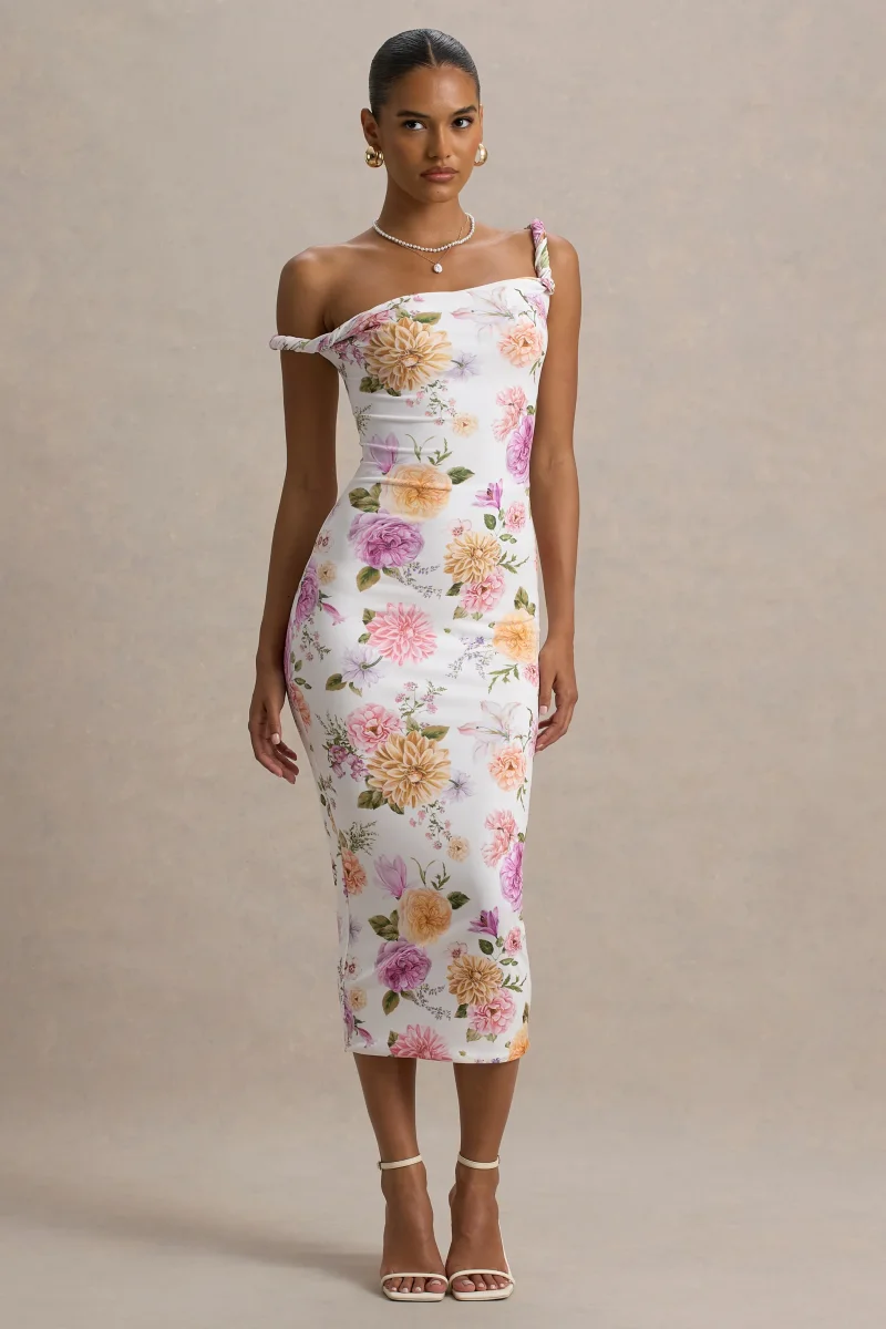 Nora | Vestido midi ajustado con escote asimétrico con detalle torcido con estampado floral - Imagen 5