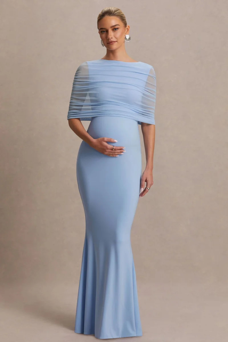 Zaria | Vestido Largo Azul Polvo con Escote Redondo y Capa Superpuesta - Imagen 2