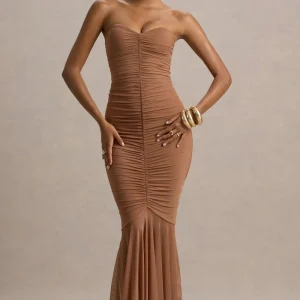 Talisa | Vestido Largo Moca con Frunces y Falda de Cola de Pez con Bajo de Malla