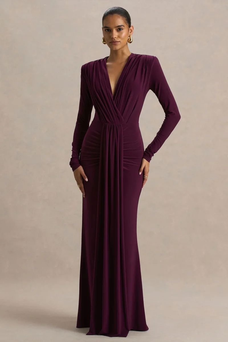 Flashy | Vestido Largo burdeos con escote pronunciado y detalles fruncidos - Imagen 6