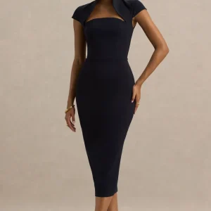 Elsie | Vestido Midi Azul Marino con Escote Recortado y Mangas Cortas