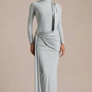 Melissa | Vestido Largo Cruzado Azul de Manga Larga con Detalles Fruncidos