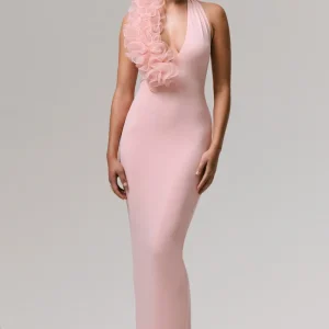 Harriet | Vestido largo rosa con escote pronunciado y detalle floral lateral