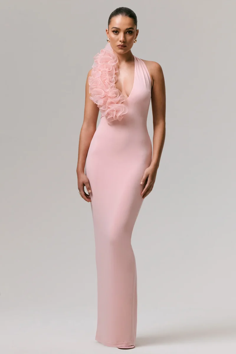 Harriet | Vestido largo rosa con escote pronunciado y detalle floral lateral - Imagen 2