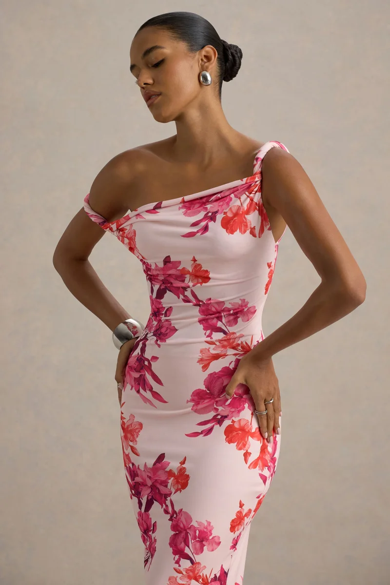 Tatian | Vestido midi entallado con escote asimétrico y estampado floral rosado - Imagen 4