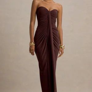Ali | Vestido largo Marrón con escote corazón y detalles fruncidos