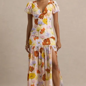 Ginny | Vestido largo con estampado floral y mangas cortas abullonadas
