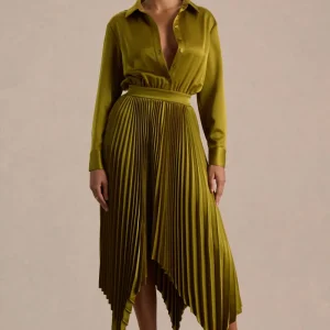 Naxos | Vestido Largo Camisero de Satén Color Oliva