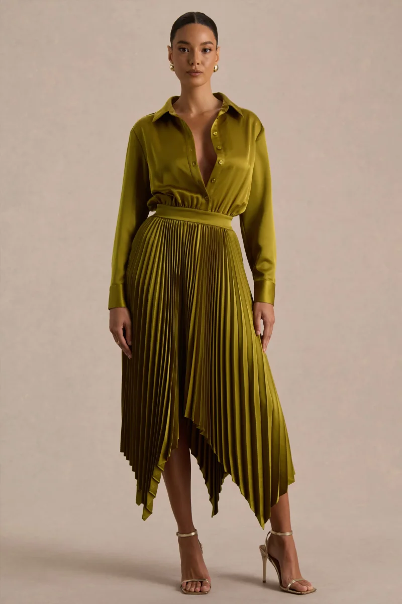 Naxos | Vestido Largo Camisero de Satén Color Oliva - Imagen 2