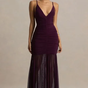 Pasqualina | Vestido largo en Púrpura Ciruela de tirantes y cuerpo fruncido