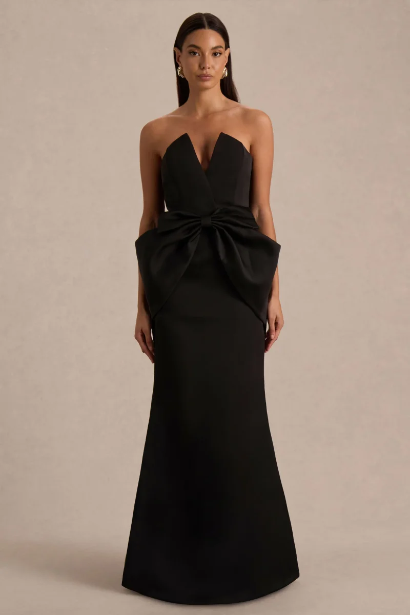 Sonata | Vestido Largo Negro de Satén con Escote Bandeau y Falda Tulipán - Imagen 5