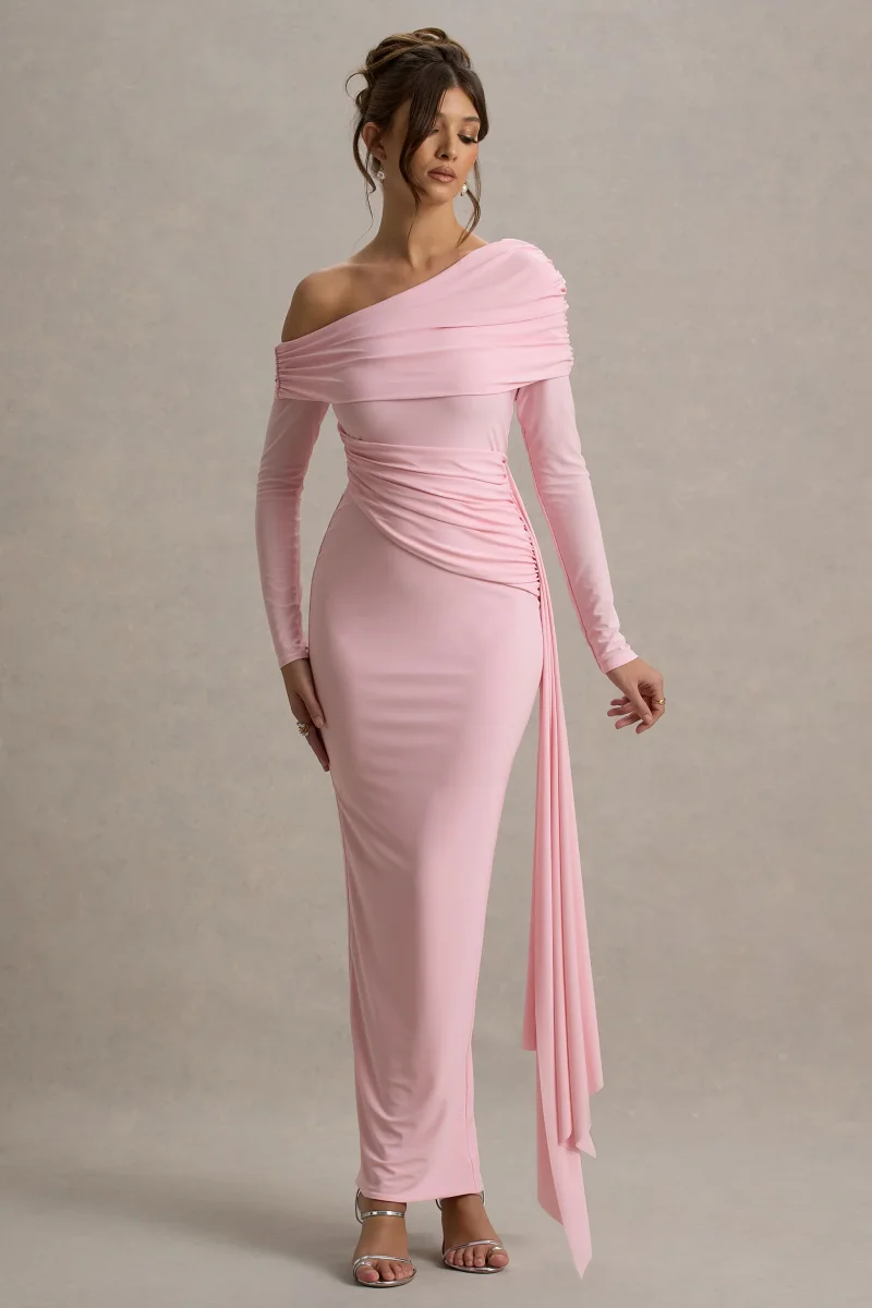Valina | Vestido largo rosa con mangas largas y drapeado lateral - Imagen 7