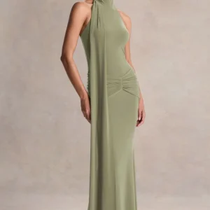 Hyla | Vestido Largo Verde con Escote Alto y Detalle de Fajín