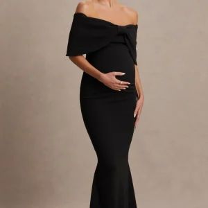 Libra | Vestido largo premamá con lazo negro y escote bardot