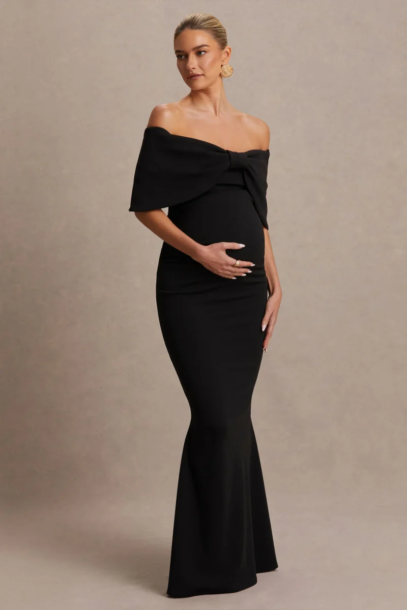 Libra | Vestido largo premamá con lazo negro y escote bardot - Imagen 2