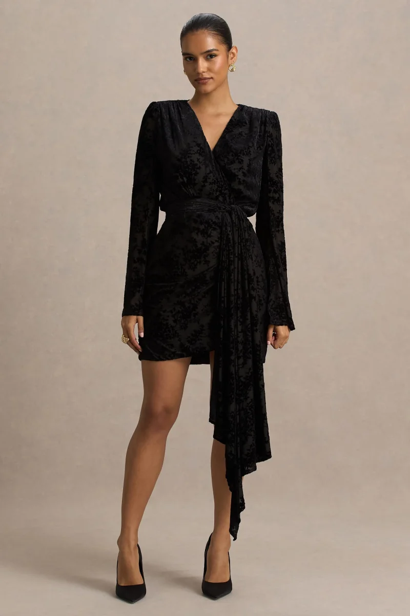 Vicenta | Vestido Corto cruzado de terciopelo devoré negro con escote pronunciado - Imagen 2