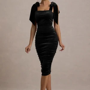 Tarna | Vestido Midi Negro de Terciopelo con Tirantes de Lazo