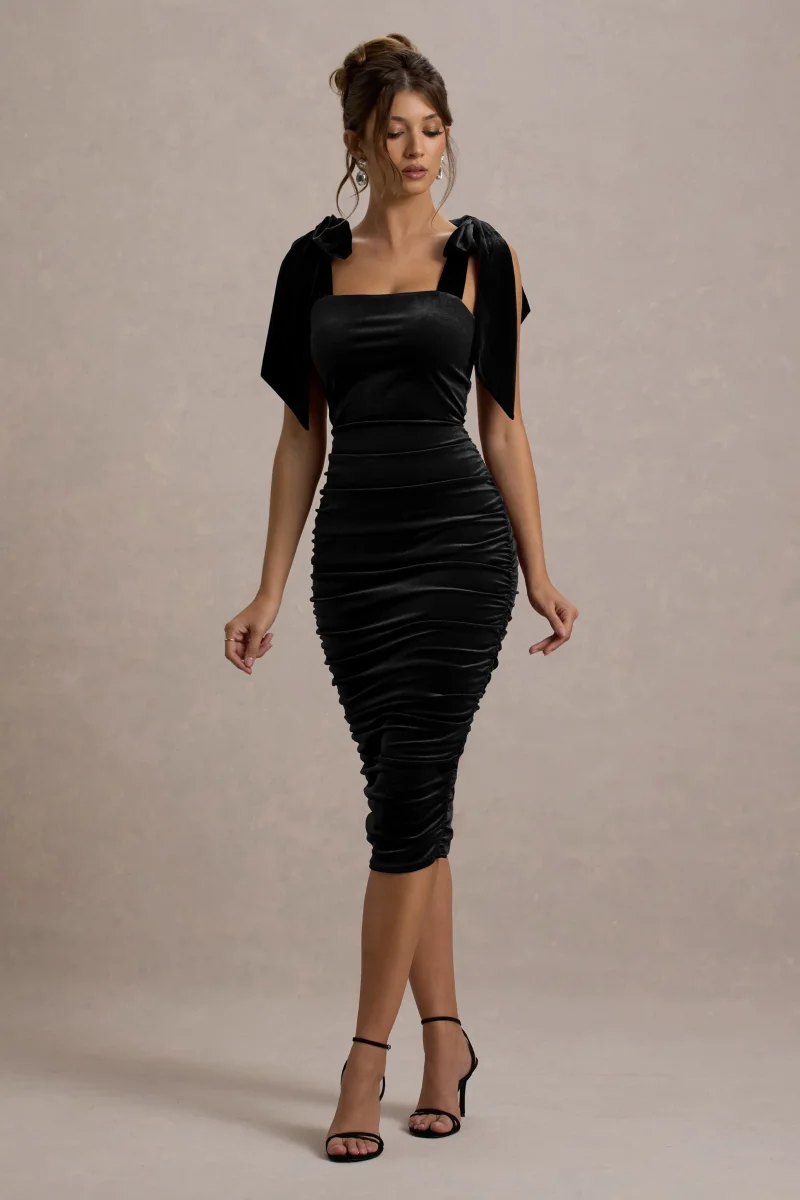 Tarna | Vestido Midi Negro de Terciopelo con Tirantes de Lazo - Imagen 2