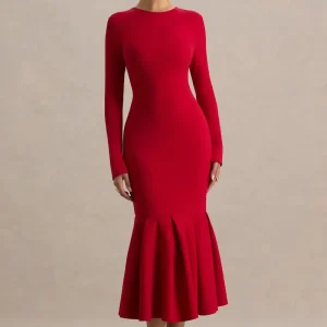 Liberty | Vestido midi rojo con mangas largas y bajo con volante
