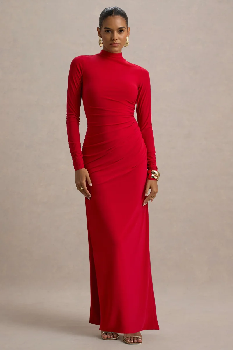 Alluring | Vestido largo Rojo de Cuello Alto con Detalles Fruncidos - Imagen 5