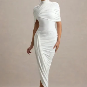 Enchant | Vestido Midi blanco con detalle de capa y drapeado