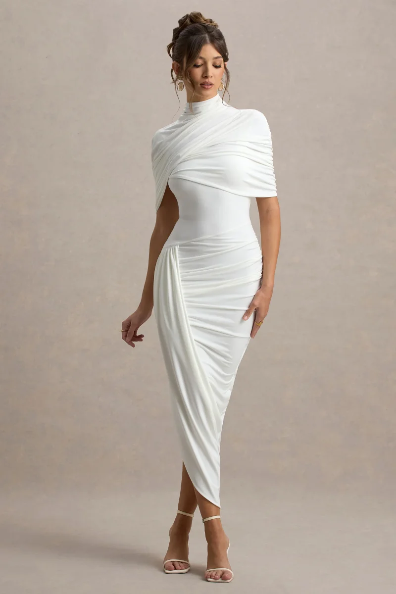Enchant | Vestido Midi blanco con detalle de capa y drapeado
