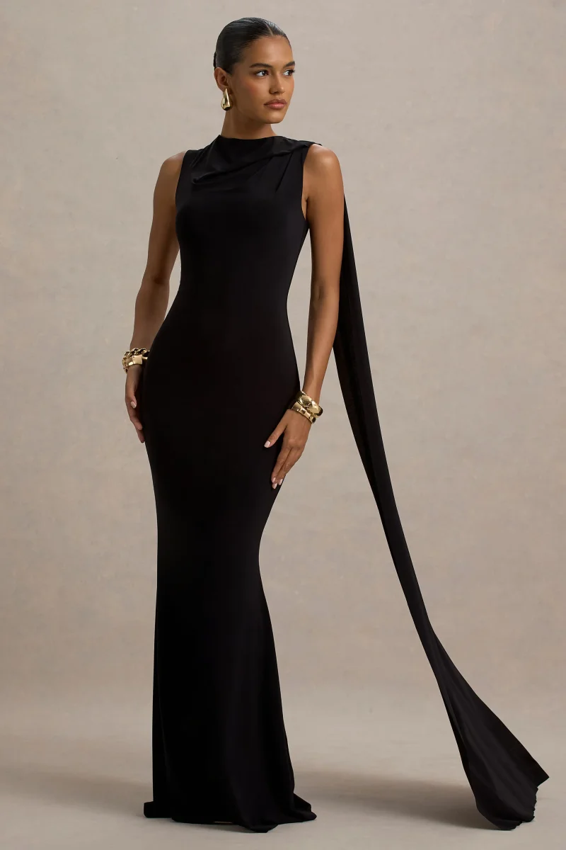 Mia | Vestido largo negro con escote barco y detalle de cinta - Imagen 5