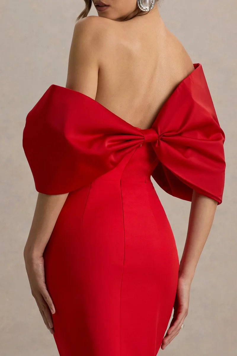 Lucille | Vestido midi rojo con escote bardot con detalle de lazo y mangas drapeadas - Imagen 4