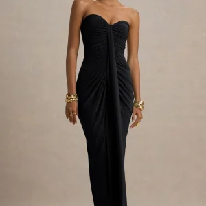 Ali | Vestido Largo Negro De Cuello Corazón Con Fruncidos Y Detalle De Faja