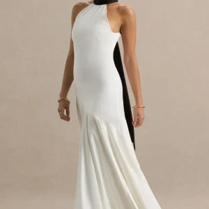 Luscious | Vestido largo blanco y negro con cuello alto cintura baja y detalle de lazo.