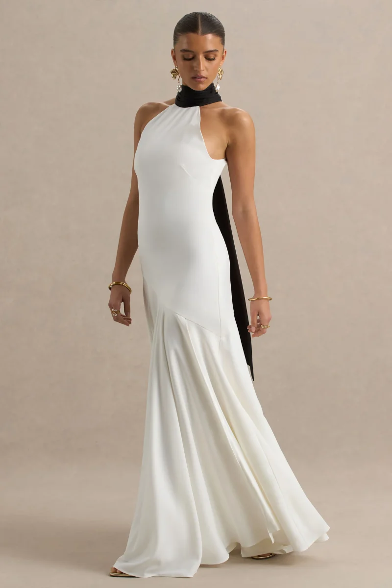 Luscious | Vestido largo blanco y negro con cuello alto cintura baja y detalle de lazo.
