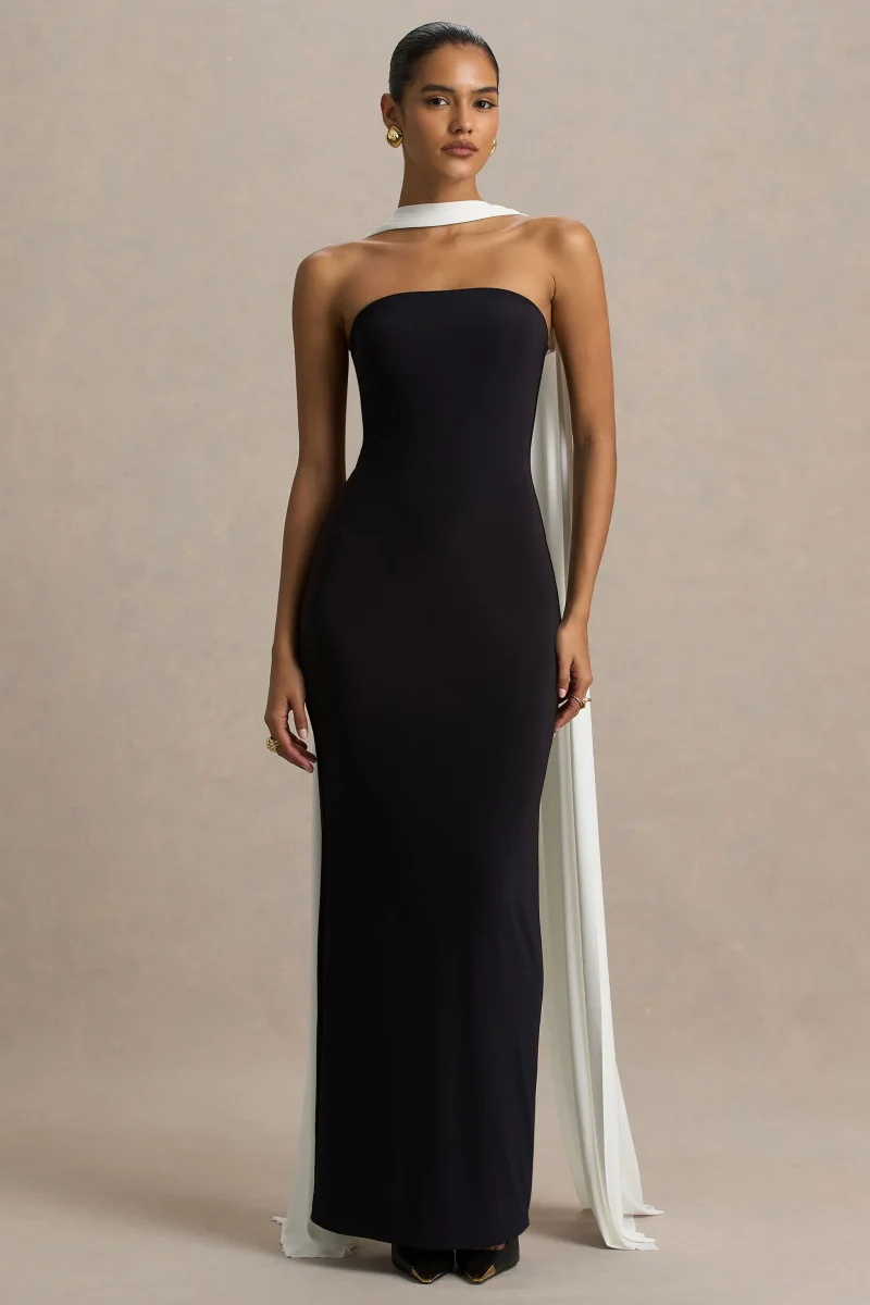 Kelilah | Vestido Largo negro y blanco con cuello bandeau y detalle de pañuelo - Imagen 5