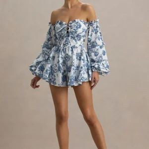 Ithaca | Mono corto con estampado floral azulado y mangas voluminosas