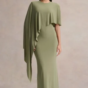 Ravena | Vestido Largo Verde Oliva de Cuello Redondo con Manga de Capa Asimétrica