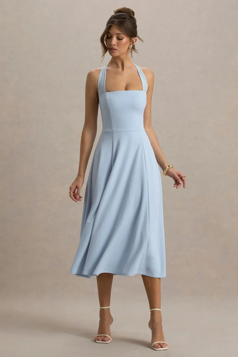 Auburn | Vestido midi azul bebé con escote halter de malla con lazo - Imagen 5