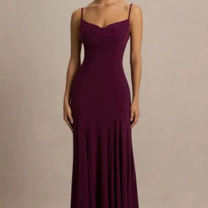 Gabbie | Vestido Largo Burdeos Con Escote Drapeado y Espalda De Malla