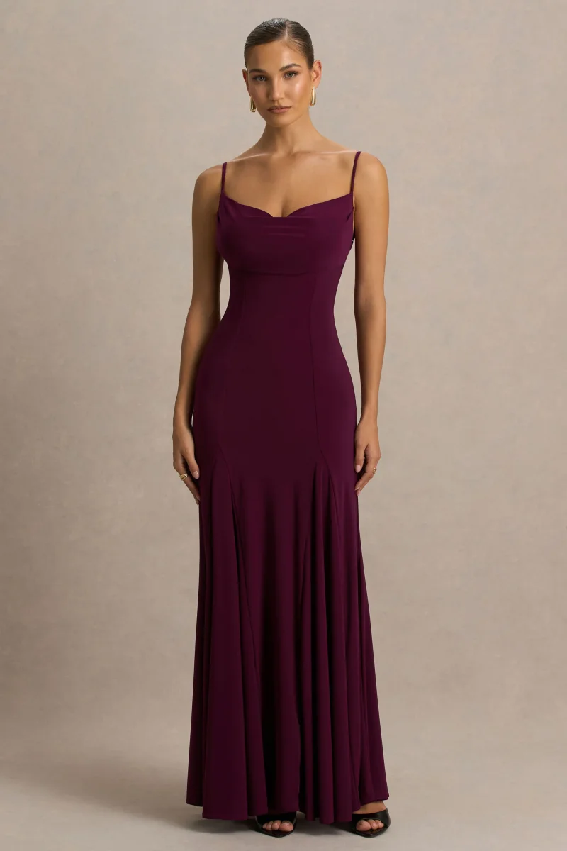 Gabbie | Vestido Largo Burdeos Con Escote Drapeado y Espalda De Malla - Imagen 2