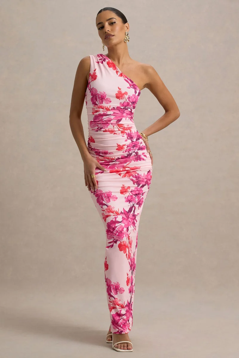 Dalarie | Vestido Largo Asimétrico con fruncido y Estampado Floral en Rosa y Naranja - Imagen 5