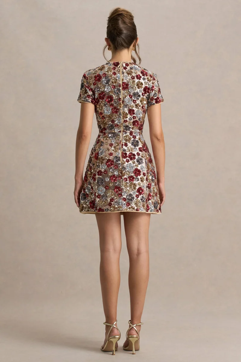 Eira | Vestido corto rojo de lentejuelas con estampado floral y escote redondo - Imagen 3