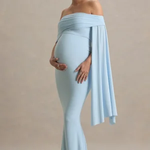 Aquila | Vestido largo de premamá Azul bebé con Escote Bardot y Manga Drapeada