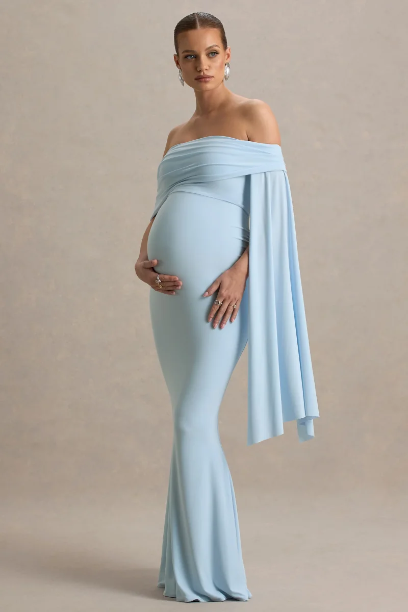 Aquila | Vestido largo de premamá Azul bebé con Escote Bardot y Manga Drapeada