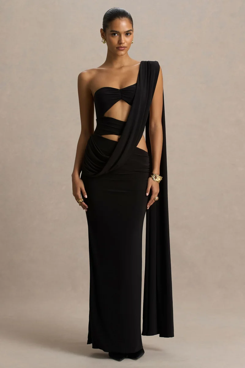 Nebula | Vestido Largo Negro Bandeau con Recortes