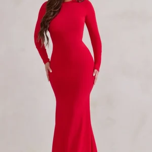One Step Ahead | Vestido Largo Rojo de Manga Larga Abertura en Espalda y corte Sirena