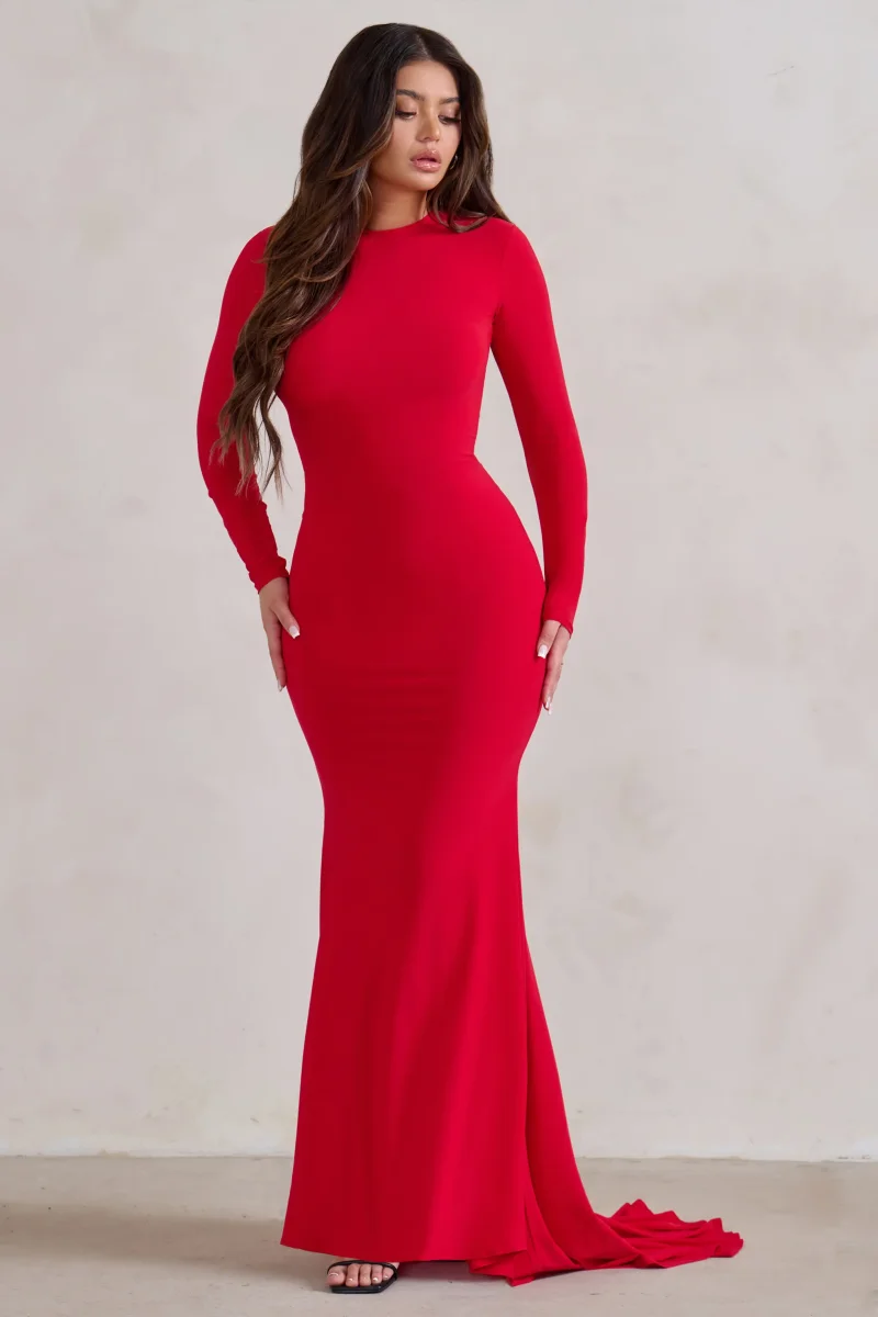 One Step Ahead | Vestido Largo Rojo de Manga Larga Abertura en Espalda y corte Sirena - Imagen 2