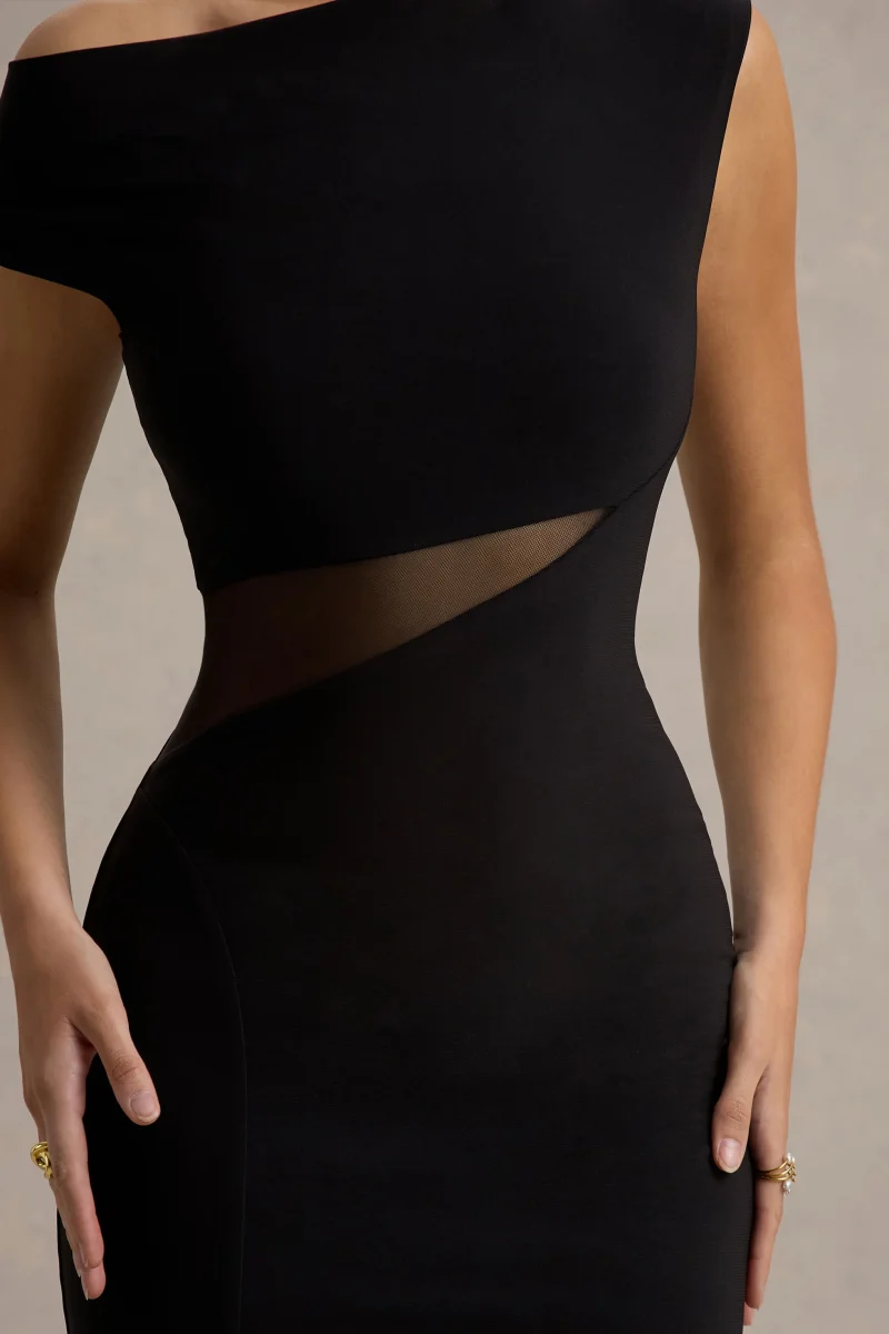 Emily | Vestido largo Negro Asimétrico con Abertura y Detalles de Malla - Imagen 7