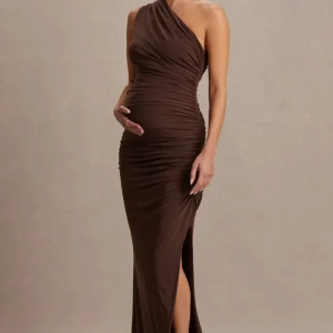Darcie | Vestido Largo Premamá con Escote Asimétrico en Marrón