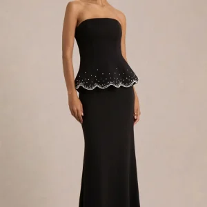 Robin | Vestido Largo Negro con Corsé, Sin Tiras y con Pedrería
