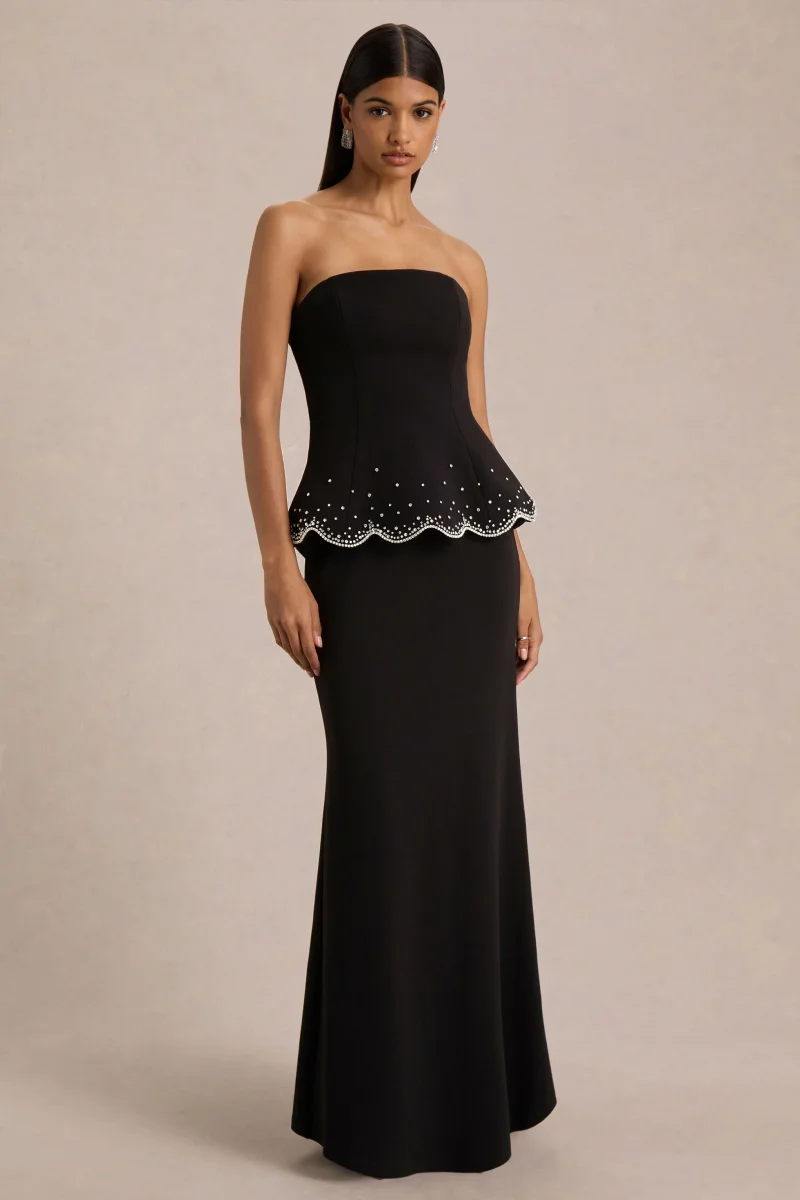 Robin | Vestido Largo Negro con Corsé, Sin Tiras y con Pedrería