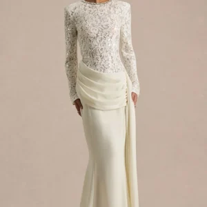 Beau | Vestido Largo de encaje crudo con escote alto y detalle drapeado